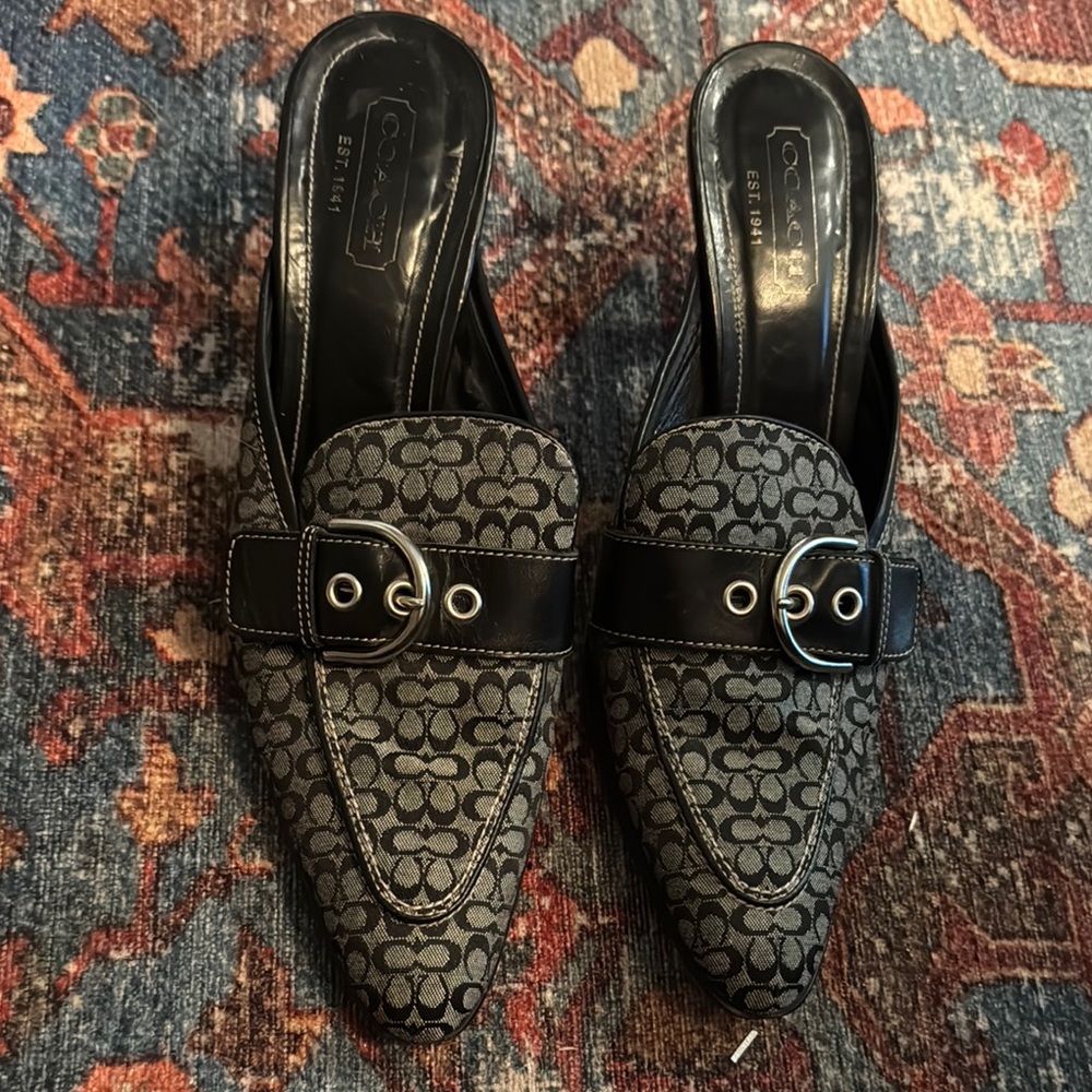 Coach Vintage Black Mules with Woven Texture and Pointed Toe